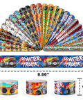 Monster Truck Party Bracelets Set 48 Pieces Slap And Rubber Silicone Wristbands with colorful truck designs, 8.66x1.2 inches