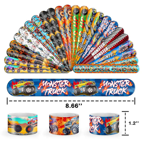 Monster Truck Party Bracelets Set 48 Pieces Slap And Rubber Silicone Wristbands with colorful truck designs, 8.66x1.2 inches
