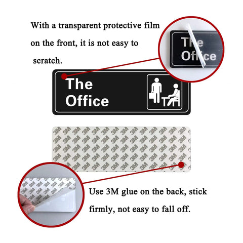 Close-up of self adhesive acrylic office sign for door or wall 9 by 3 inch name plate black and white durable 5mm thick with 3M adhesive easy mount perfect for cubicles offices and reception areas