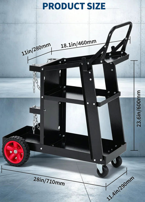 Heavy Duty 3 Tier Welding Cart With 400 Lb Load Capacity Rolling Metal Utility Cart With Raised Handle And 360 Degree Swivel Wheels, dimensions labeled.