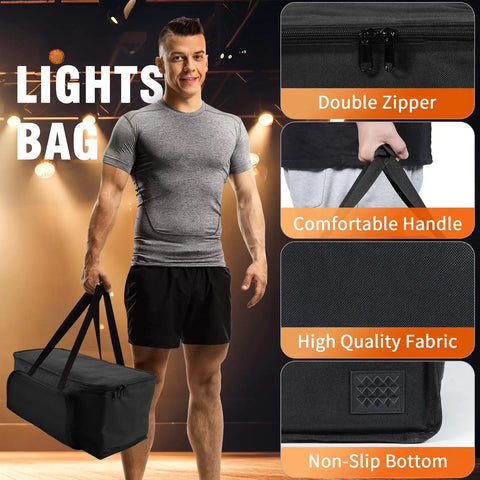 Man holding Waterproof Par Light Bag For Four Par Spotlight Lights with padded handle and non-slip bottom details highlighted.