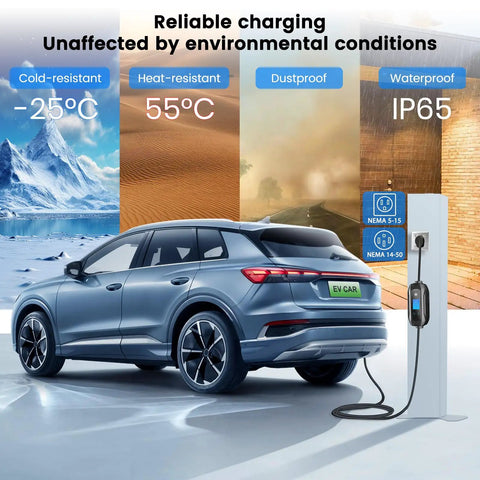 Level 1 And Level 2 EV Charger With J1772 Connector, 23 Foot Cable, 240V 32A 7.68KW Output, NEMA 14 50 Plug And NEMA 5 15 Adapter with electric vehicle in various weather conditions