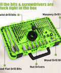 Ninety Piece Impact Driver Bit Set For Wood Metal And Masonry Drilling with organized bits and tools in green case.