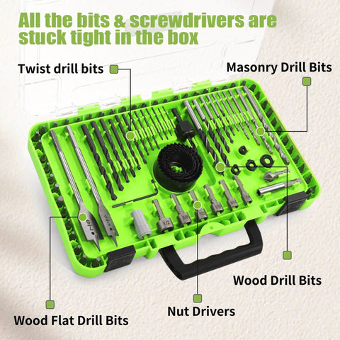 Ninety Piece Impact Driver Bit Set For Wood Metal And Masonry Drilling with organized bits and tools in green case.