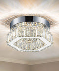 6.3 Inch Crystal Ceiling Light Fixture Mini Square Chandelier With Sparkling K9 Crystals And Stainless Steel Trim In 6500K Cool White LED Flush Mount For Hallway Bedroom Foyer Kitchen And Bathroom, illuminated and mounted on ceiling