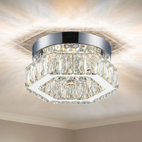 6.3 Inch Crystal Ceiling Light Fixture Mini Square Chandelier With Sparkling K9 Crystals And Stainless Steel Trim In 6500K Cool White LED Flush Mount For Hallway Bedroom Foyer Kitchen And Bathroom, illuminated and mounted on ceiling