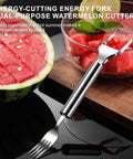 2-In-1 Watermelon Slicer And Fork, Premium Stainless Steel Cube Cutter Tool on table with watermelon slices