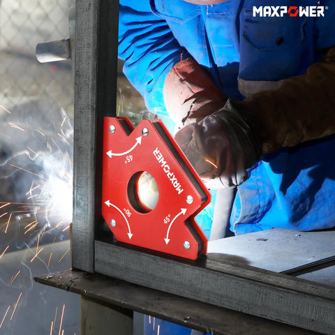 MAXPOWER welding magnet holder, red metal 75 LBS with 45° and 90° angles mounted on steel frame