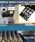 Heavy Duty Electric Hydraulic Hose Crimper And Rock Solid Swage Press For One Quarter To Two Inch Lines With Quick Swap Ten Die Set High Pressure Tube Shrink Assembly Tool shows crimper machine with ten dies and hoses.