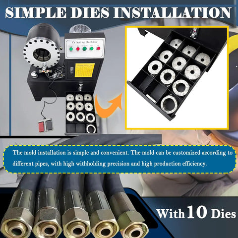 Heavy Duty Electric Hydraulic Hose Crimper And Rock Solid Swage Press For One Quarter To Two Inch Lines With Quick Swap Ten Die Set High Pressure Tube Shrink Assembly Tool shows crimper machine with ten dies and hoses.