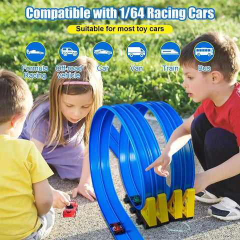 Kids playing with 15 Ft race track compatible with 1/64 cars, showing dual blue lanes, loops, and yellow blocks outdoors.