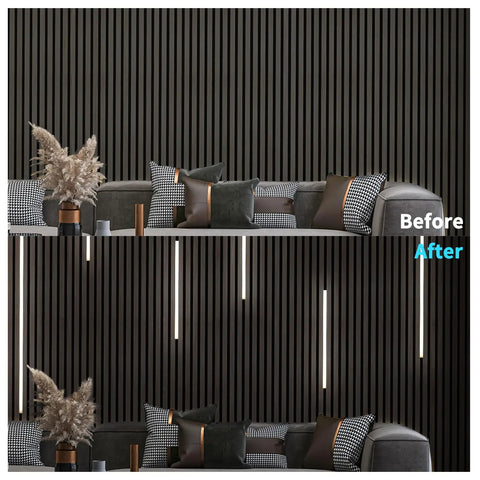 Before and after of LED Recessed Lighting Kit For Wood Slat Walls And Cabinets showcasing six self adhesive light bars installed