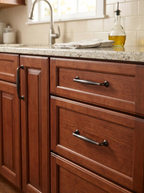 Oil Rubbed Bronze Cabinet Pulls with 5 Inch Hole Centers, 6 Pack, installed on wooden kitchen cabinets in rustic style kitchen