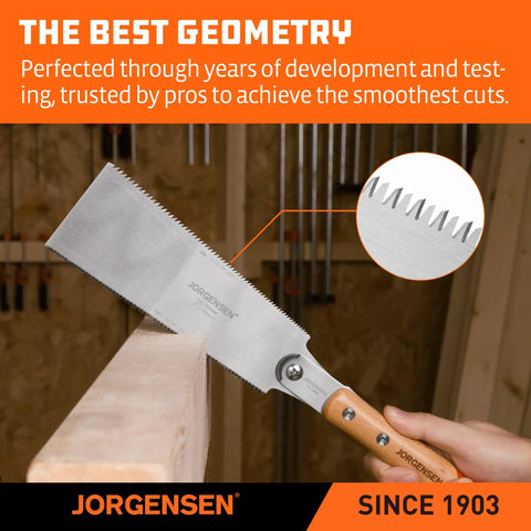 Ryoba 7 Inch Double Edge Japanese Pull Saw for Pro Grade Fine Woodworking, Flush Cuts with Smooth Chip Removal, Geometric Teeth, Two Sided Blade for Versatile Detail Work, Trim and Craft Projects Made Easy on wood board