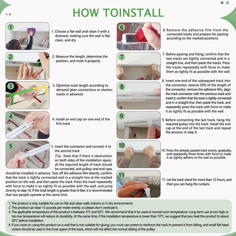 Self Adhesive Curtain Track Kit No Drill Wall Mount Easy To Install Curtain Rails With Adhesive Rod For Damage Free Hanging 4 Feet 48 Inches White Finish Ideal For Quick No Drill Window Treatments, installation steps infographic