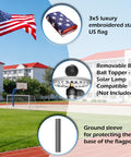 20 Ft Aluminum Flag Pole Kit With Black Ball Topper And 3x5 Embroidered US Flag, showing components and use in yard setting