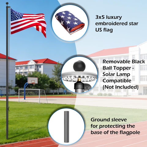20 Ft Aluminum Flag Pole Kit With Black Ball Topper And 3x5 Embroidered US Flag, showing components and use in yard setting