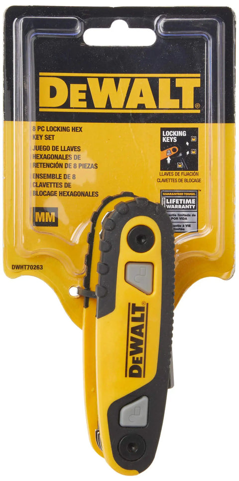 Folding Locking Hex Key Set With Metric Sizes packaged, yellow and black color, compact design, sealed in plastic