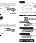 Illustration of DIY Skinner Cleaver Knife Building Kit with instructions, tool list, and various knife designs shown.