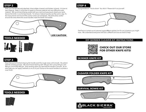 Illustration of DIY Skinner Cleaver Knife Building Kit with instructions, tool list, and various knife designs shown.