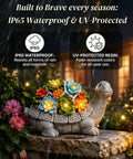 Solar Turtle Garden Statue With Succulent Holder And Seven LED Lights For Patio Yard And Balcony Decor A Cool Gift For Mom Grandma Wife Sister And Friends That Delivers Chill Nighttime Vibes, shown in a garden setting with IP65 waterproof and UV protection.