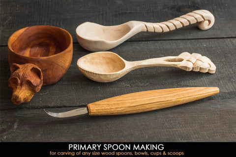 Dead Reliable Wood Carving Hook Knife For Spoon Whittling And Bowl Crafting single bevel high carbon steel blade beside carved wooden cups.