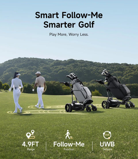 Smart Follow Me Electric Golf Cart With Wireless Remote and Rugged All Terrain Wheels Powered By A Beefy Thirty Six Hole Battery in action on the golf course.