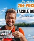 Smiling man holding 264 Piece Fishing Accessories Kit With Organized Tackle Box Includes Weights Sinker Jig Hooks Swivels