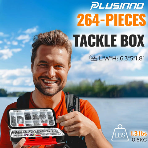 Smiling man holding 264 Piece Fishing Accessories Kit With Organized Tackle Box Includes Weights Sinker Jig Hooks Swivels