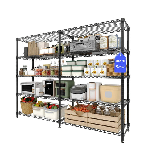 Five Tier Heavy Duty Metal Storage Shelves 60 Inch Wide Wire Shelving Unit Built To Last Holds A Beefy 1325 Lbs Total Load 265 Lbs Per Shelf Corner L Shaped Standing Rack For Garage Kitchen Pantry Basement 13.8 Inch Deep 70.5 Inch High with pantry items