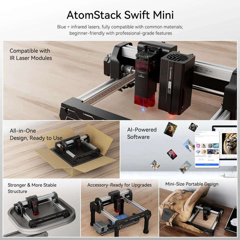 AtomStack Swift Mini laser engraver with aluminum rails, red laser module; desktop, 135×145mm work area, AI software.
