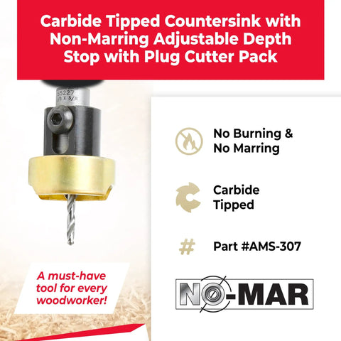 Carbide Tipped Countersink Tool with Non-Marring Depth Stop for smooth screw hole finishing in wood and plastic.