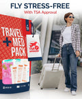 Travel medicine kit in red TSA-approved packaging beside a woman with a suitcase at the airport