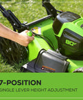 Close-up of height adjustment on 80V 21 Inch Brushless Cordless Lawn Mower from combo kit with 7-position single lever feature.