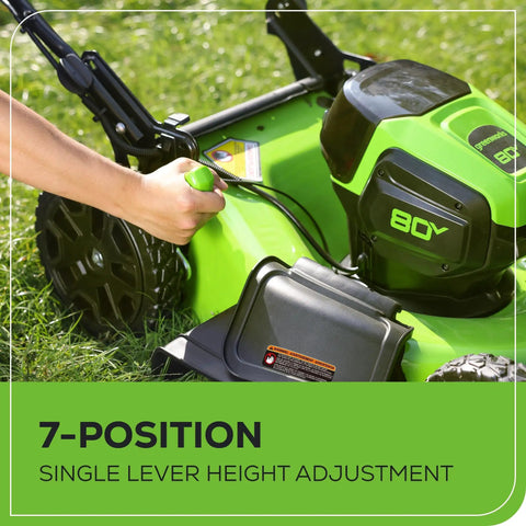 Close-up of height adjustment on 80V 21 Inch Brushless Cordless Lawn Mower from combo kit with 7-position single lever feature.