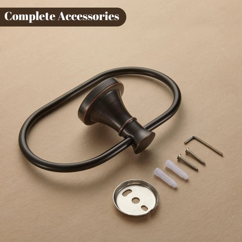 Dope Oil Rubbed Bronze Towel Ring Wall Mount For Bathroom, oval hand towel holder with accessories on display, rustic style.