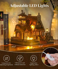 3D Wood Puzzle Countryside Cottage Kit With Spark LED Lights displayed on a shelf with adjustable LED lights