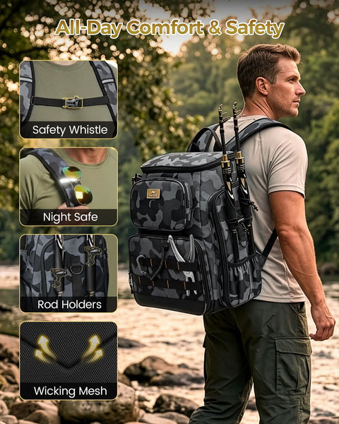 Man carrying All Day Angler Fishing Backpack with Four Tackle Boxes and Rod Holders, showing camo pattern and safety features.