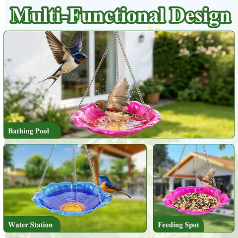 Two Pack Hanging Bird Baths For Outdoors, 11 Inch Metal Water Bowls with Rust-Proof Stainless Steel Chains, Flower Shape Design