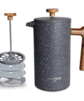 French Press Coffee Maker 34 Oz Built Tough With Solid Wood Handle Double Wall Construction And Dual Bronze Filter displayed in gray with wood accents.