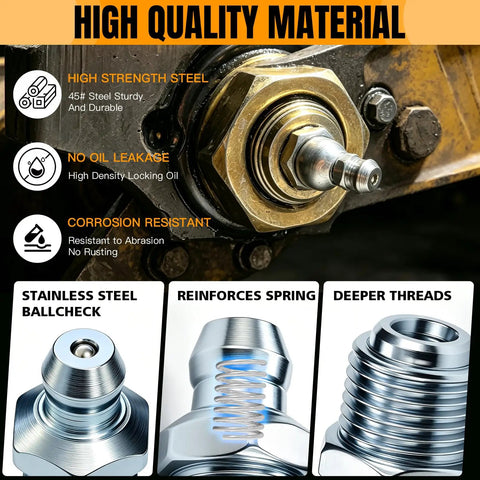 Solid Alloy Grease Nipple Fitting Kit 100 Pieces Sae And Metric Assortment M6 M8 M10 With 1/4 And 1/8 Inch Zinc Plated Rust Proof Seal, steel fitting close-up