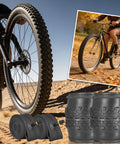 Foldable Mountain Bike Tire Set For 26 And 29 Inch Wheels With Inner Tubes Repair Kit Rim Strips Tire Levers And AV 32mm Schrader Valves for rugged terrain.