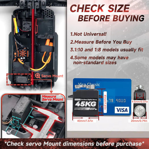 Diagram showing measurements for installing Beefy 45Kg Coreless Servo For RC Cars And Boats with visual guide on size and fitting.