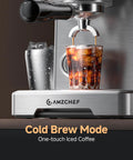 Pro Barista 15 Bar Espresso Machine With Precision 58 Millimeter Portafilter making cold brew in a glass with ice.