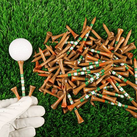 Birch Wood Golf Tees Value Pack 100 Count With 80 Regular Tees In Two And Three Quarters Or Three And A Quarter Inches And 20 Short One And A Half Inch Driving Range Tees Tan Color 5X More Durable 5X Stronger Less Friction For Consistent Drives on grass