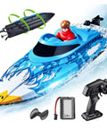 High Speed 12 Inch RC Boat For Pool Fun With Remote Control Top Speed 25 KPH Kid And Adult Friendly Durable Waterproof Hull Easy To Use Rad Summer Toy For Backyard Water Adventures And Weekend Racer, shown with accessories and remote control in water action.