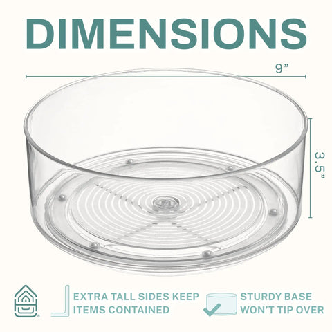 Clear Round Lazy Susan Turntable for Kitchen Storage, 9 Inch Spin Organizer with dimensions 9x3.5 inches, clear plastic material
