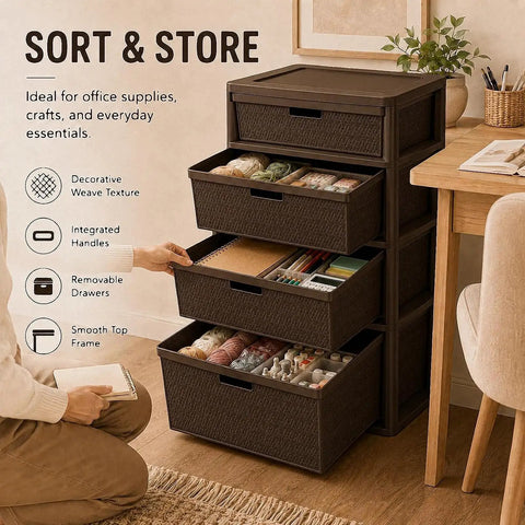 Wide 4 Drawer Plastic Storage Tower With Smooth Glide Removable Bins, Brown Cross Weave Decorative Organizer A Total Game Changer For Bedroom Closet Decluttering And Home Tidy Up