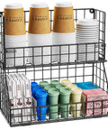 2 Tier Wall Mounted Coffee Organizer Stackable Condiment And Lid Dispenser With Dividers For Breakrooms And Office Countertops Black