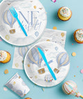 Hot Air Balloon 1st Birthday Party Supplies Set For Boys Mr Onederful Themed Tableware Pack Including Plates Napkins Cups And Cutlery In Blue For 24 Guests Lil Man Approved displayed with cupcakes.
